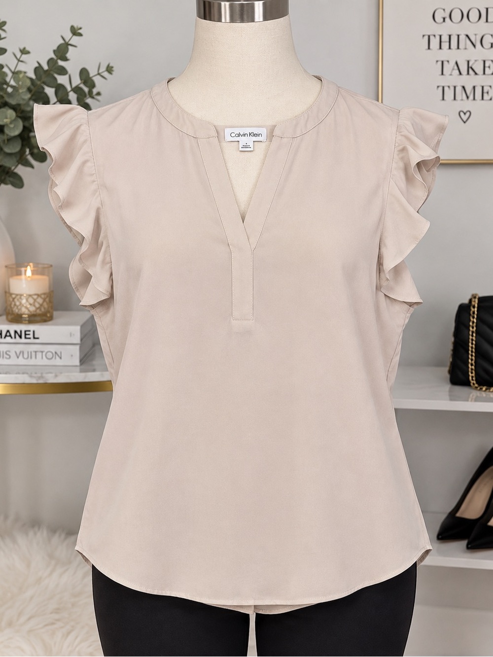 Calvin Klein Beige Flutter Sleeve Split-Neck Blouse